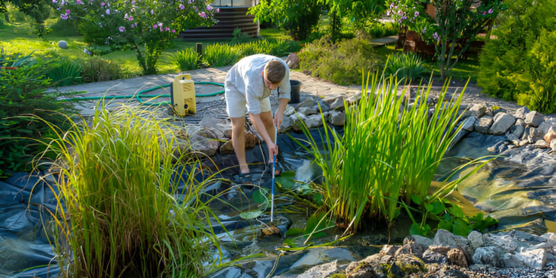 Affordable Pond Cleanup Services removing muck and algae from backyard pond